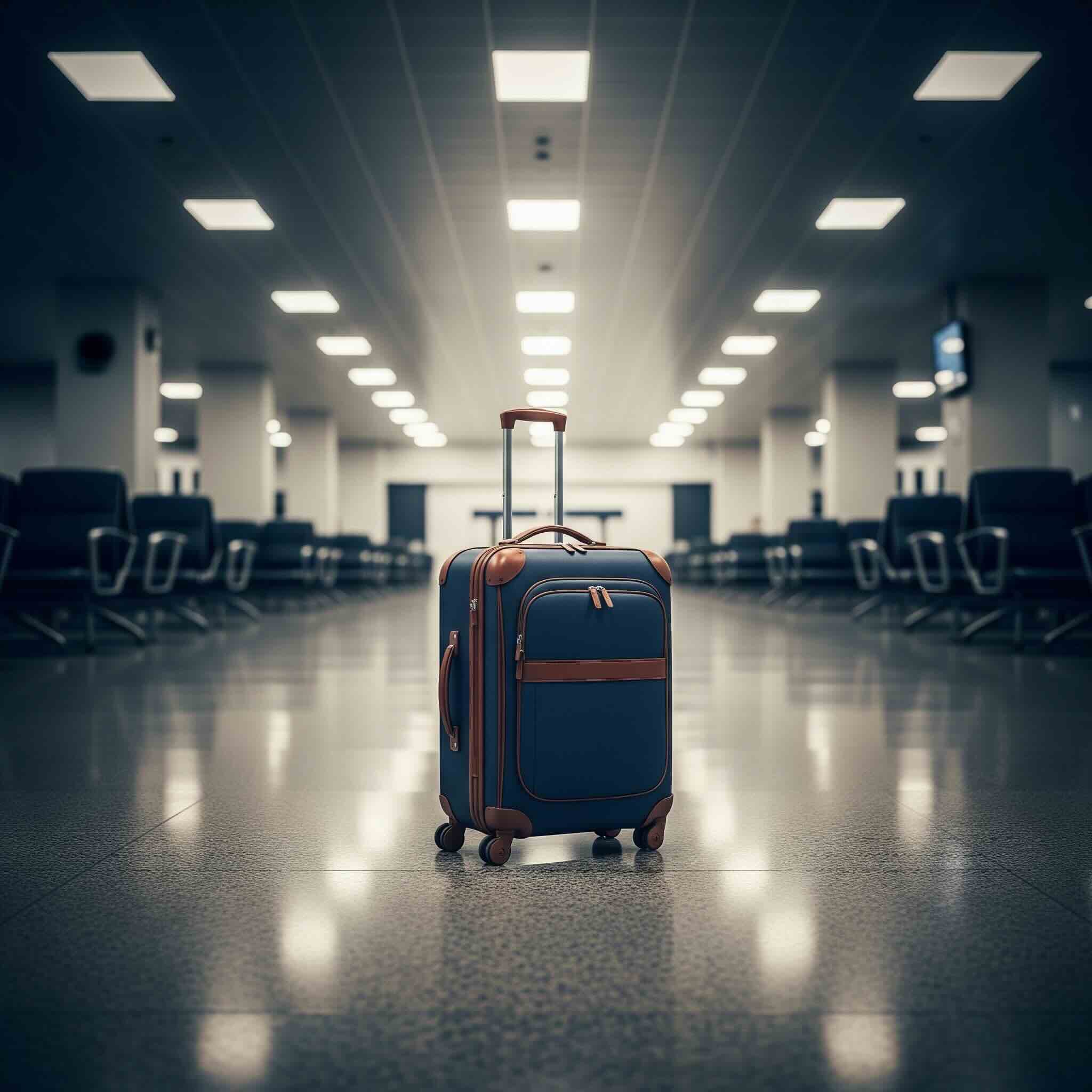 Mala de viagem em um saguão de aeroporto, simbolizando viagem cancelada.